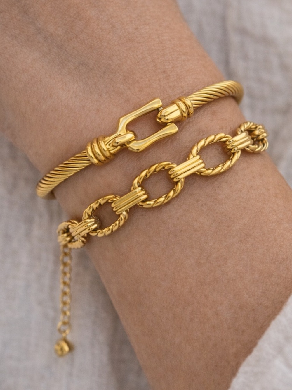 Gold Tone Rope Link Bracelet Stainless Steel 8in + Extender Chunky Chain - Picture 3 of 9